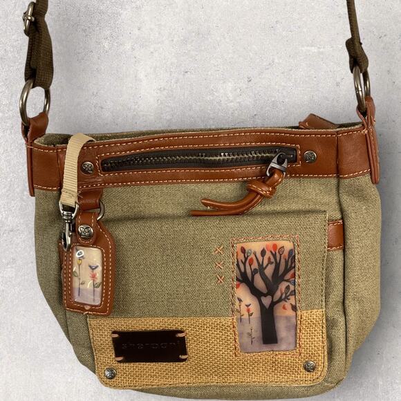 Sherpani Crossbody Purse Canvas Leather Trim Boho Tree Patch Green Brown Bag - Picture 2 of 12
